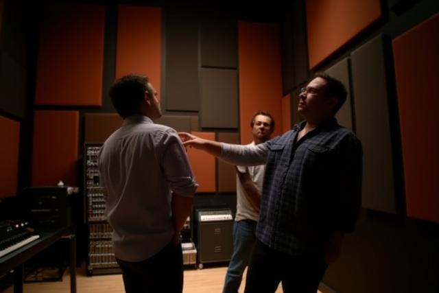 Berater erklärt Akustik-Paneele in Aufnahmestudio