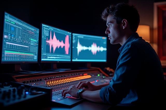 Audiotechniker beim Mastering am Mischpult